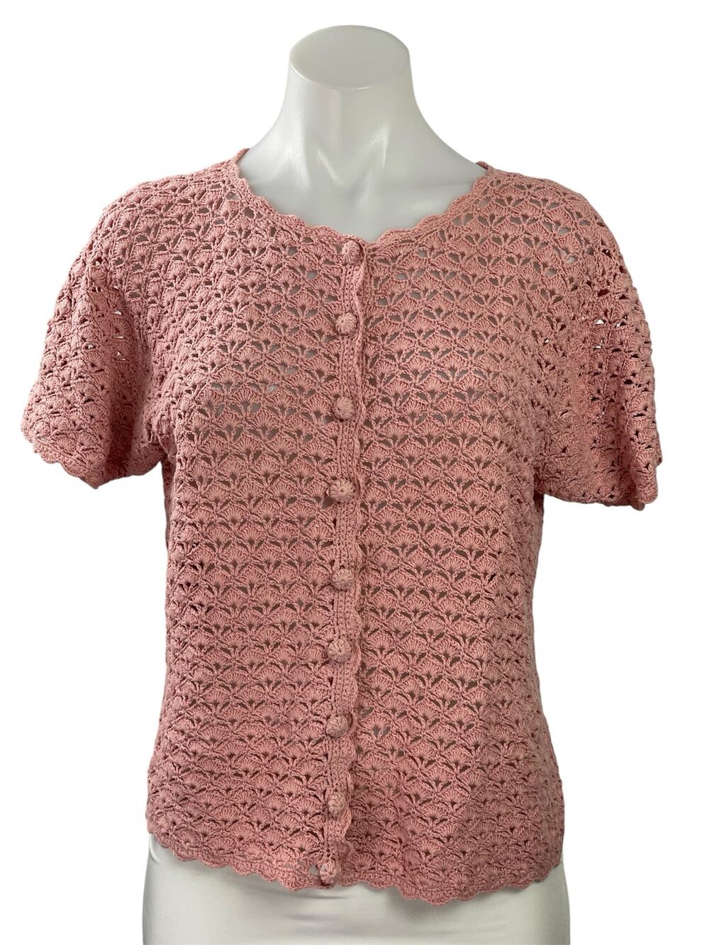 Jenny Womens Pink Eyelet Crochet Button Down Short Sleeve Cardigan Sweater Top S